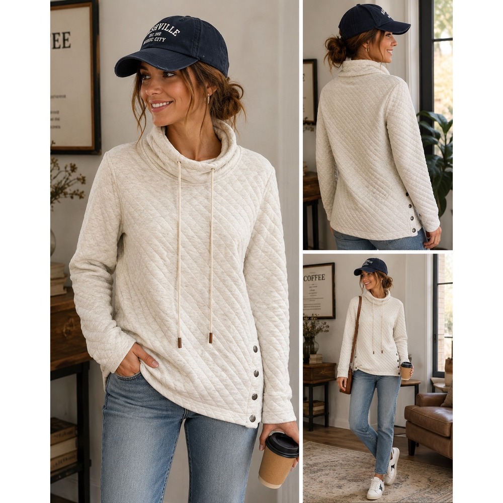 Wanna B Me S Quilted Cowl Neck Pullover Side Snap Oatmeal Cozy Sweatshirt